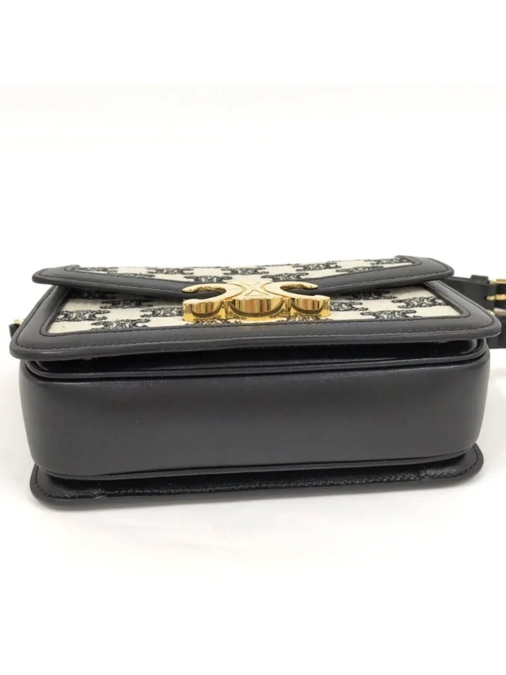 Celine Teen Triomphe Shoulder Bag Canvas Leather Black White Gold